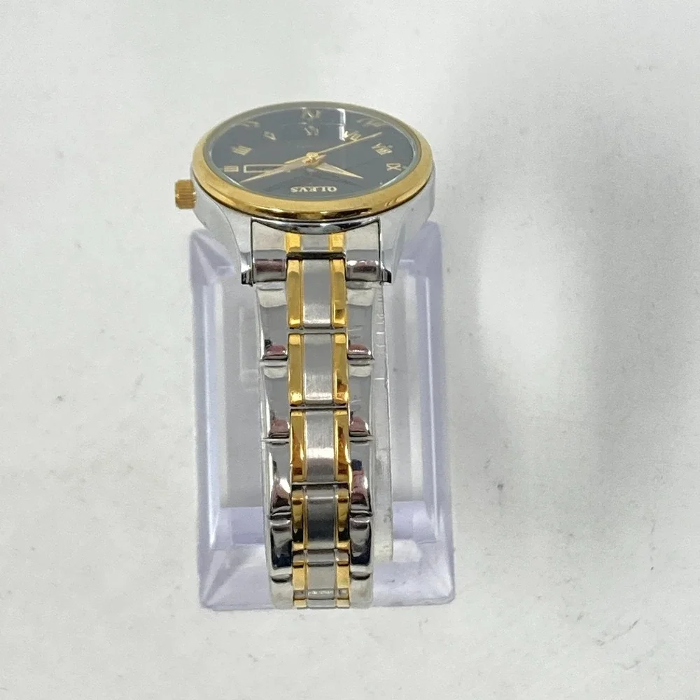 Olevs Women's Watch 29mm Silver Gold Tone Day Date Black Dial New Battery 6.25